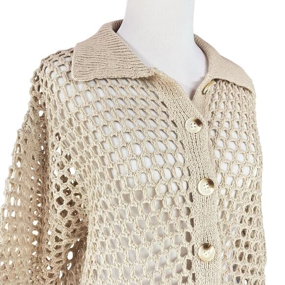 PRETTY GARBAGE NWT Short-Sleeve Open Stitch Collared Cardigan in Beige Size S - Picture 3 of 9